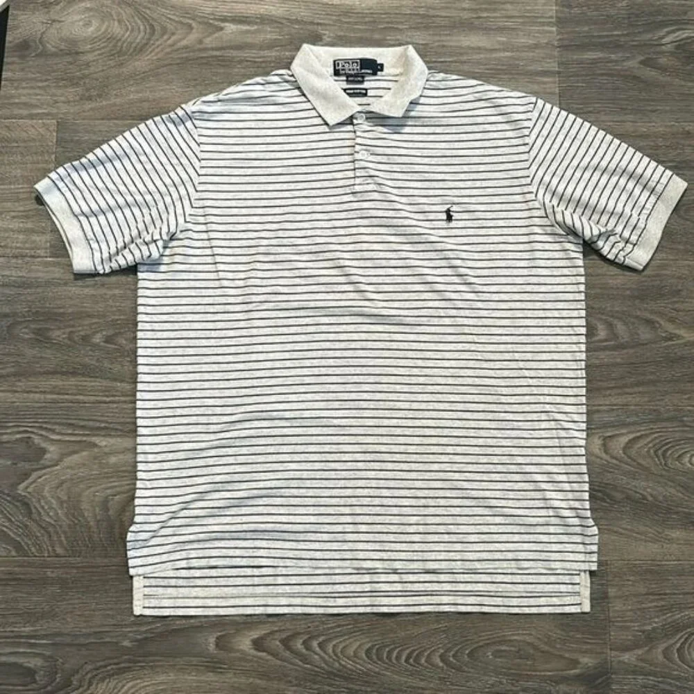 Polo Ralph Lauren Large Striped Pima Cotton Polo Shirt Gray Navy Embroidered Pon